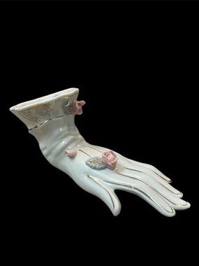 Vintage Porcelain Hand Flower Vase Pink Rose Accents Gloved Hand Bud Vase